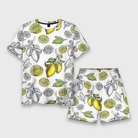 Мужской костюм с шортами 3D с принтом Лимонный паттерн в Петрозаводске,  |  | белый фон | лимон | рисованые | скетч | стильные | фрукты