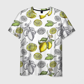 Мужская футболка 3D с принтом Лимонный паттерн в Новосибирске, 100% полиэфир | прямой крой, круглый вырез горловины, длина до линии бедер | белый фон | лимон | рисованые | скетч | стильные | фрукты