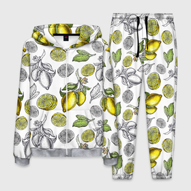 Мужской костюм 3D с принтом Лимонный паттерн в Санкт-Петербурге, 100% полиэстер | Манжеты и пояс оформлены тканевой резинкой, двухслойный капюшон со шнурком для регулировки, карманы спереди | белый фон | лимон | рисованые | скетч | стильные | фрукты