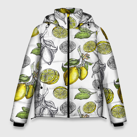 Мужская зимняя куртка 3D с принтом Лимонный паттерн в Курске, верх — 100% полиэстер; подкладка — 100% полиэстер; утеплитель — 100% полиэстер | длина ниже бедра, свободный силуэт Оверсайз. Есть воротник-стойка, отстегивающийся капюшон и ветрозащитная планка. 

Боковые карманы с листочкой на кнопках и внутренний карман на молнии. | белый фон | лимон | рисованые | скетч | стильные | фрукты