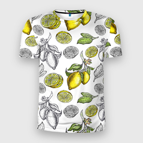Мужская футболка 3D Slim с принтом Лимонный паттерн в Санкт-Петербурге, 100% полиэстер с улучшенными характеристиками | приталенный силуэт, круглая горловина, широкие плечи, сужается к линии бедра | белый фон | лимон | рисованые | скетч | стильные | фрукты