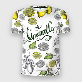 Мужская футболка 3D Slim с принтом Limocello в Белгороде, 100% полиэстер с улучшенными характеристиками | приталенный силуэт, круглая горловина, широкие плечи, сужается к линии бедра | жёлтый | иллюстрации | лимон | надпись | скетч | фрукты