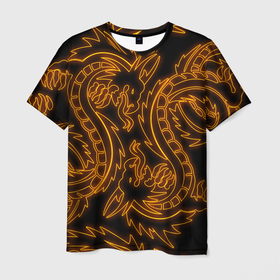 Мужская футболка 3D с принтом ОГНЕННЫЕ ДРАКОНЫ НЕОН   NEON FIRE DRAGONS в Новосибирске, 100% полиэфир | прямой крой, круглый вырез горловины, длина до линии бедер | china | dragon | japan | neon | texture | драконы | китай | мифология | неон | неоновые драконы | текстура | япония