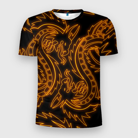 Мужская футболка 3D Slim с принтом ОГНЕННЫЕ ДРАКОНЫ НЕОН   NEON FIRE DRAGONS в Санкт-Петербурге, 100% полиэстер с улучшенными характеристиками | приталенный силуэт, круглая горловина, широкие плечи, сужается к линии бедра | Тематика изображения на принте: china | dragon | japan | neon | texture | драконы | китай | мифология | неон | неоновые драконы | текстура | япония