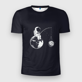 Мужская футболка 3D Slim с принтом Мы одни в этой Вселенной... в Кировске, 100% полиэстер с улучшенными характеристиками | приталенный силуэт, круглая горловина, широкие плечи, сужается к линии бедра | астронавт | вселенная | космонавт | космос | луна | рыбалка