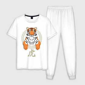 Мужская пижама хлопок с принтом Тигр в раме , 100% хлопок | брюки и футболка прямого кроя, без карманов, на брюках мягкая резинка на поясе и по низу штанин
 | 2022 | chinese character | framed | new year | ornament | powerful | predator | strong | tiger | year of the tiger | yellow look | в рамке | год тигра | жёлтый взгляд | китайский иероглиф | мощный | новый год | орнамент | сильный | тигр | хищник