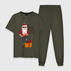 Мужская пижама хлопок с принтом С НОВЫМ ГОДОМ, ДЕТКА , 100% хлопок | брюки и футболка прямого кроя, без карманов, на брюках мягкая резинка на поясе и по низу штанин
 | art | christmas | drawing | funny | gift | hipster | new year | rocker | santa claus | tough grandfather | арт | дед мороз | крутой дед | новый год | подарок | прикол | рисунок | рождество | рокер | санта клаус | хипстер