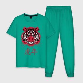 Мужская пижама хлопок с принтом Китайский год тигра. в Новосибирске, 100% хлопок | брюки и футболка прямого кроя, без карманов, на брюках мягкая резинка на поясе и по низу штанин
 | Тематика изображения на принте: 2022 | chinese | hieroglyph | look | new year | powerful | predator | red | strong | tiger | year of the tiger | взгляд | год тигра | иероглиф | китайский | красный | мощный | новый год | сильный | тигр | хищник