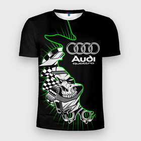 Мужская футболка 3D Slim с принтом Audi quattro  череп , 100% полиэстер с улучшенными характеристиками | приталенный силуэт, круглая горловина, широкие плечи, сужается к линии бедра | audi | quattro | автоспорт | доготипы | надписи | немецкая классика | немецкие машины | полный привод