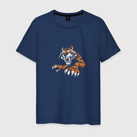 Мужская футболка хлопок с принтом Тигр в ярости в Тюмени, 100% хлопок | прямой крой, круглый вырез горловины, длина до линии бедер, слегка спущенное плечо. | Тематика изображения на принте: tiger | восточный тигр | год тигра | когти | кошка | тигр | тигренок | ярость