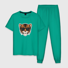 Мужская пижама хлопок с принтом Тигр в очках (голова) в Екатеринбурге, 100% хлопок | брюки и футболка прямого кроя, без карманов, на брюках мягкая резинка на поясе и по низу штанин
 | tiger | в очках | восточный тигр | год тигра | иероглиф тигра | кошка | тигр | тигренок