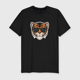 Мужская футболка хлопок Slim с принтом Тигр в очках (голова) в Новосибирске, 92% хлопок, 8% лайкра | приталенный силуэт, круглый вырез ворота, длина до линии бедра, короткий рукав | tiger | в очках | восточный тигр | год тигра | иероглиф тигра | кошка | тигр | тигренок