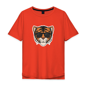 Мужская футболка хлопок Oversize с принтом Тигр в очках (голова) в Санкт-Петербурге, 100% хлопок | свободный крой, круглый ворот, “спинка” длиннее передней части | tiger | в очках | восточный тигр | год тигра | иероглиф тигра | кошка | тигр | тигренок
