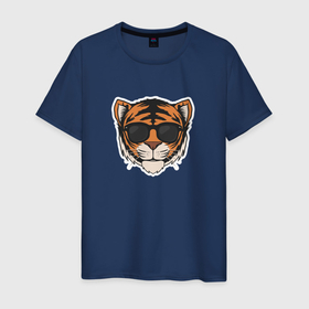Мужская футболка хлопок с принтом Тигр в очках (голова) в Рязани, 100% хлопок | прямой крой, круглый вырез горловины, длина до линии бедер, слегка спущенное плечо. | tiger | в очках | восточный тигр | год тигра | иероглиф тигра | кошка | тигр | тигренок