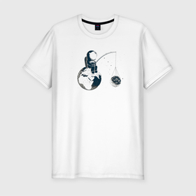 Мужская футболка хлопок Slim с принтом Мы одни в этой Всленной... в Кировске, 92% хлопок, 8% лайкра | приталенный силуэт, круглый вырез ворота, длина до линии бедра, короткий рукав | астронавт | вселенная | галактика | звезды | земля | космонавт | космос | луна | рыбалка | философия