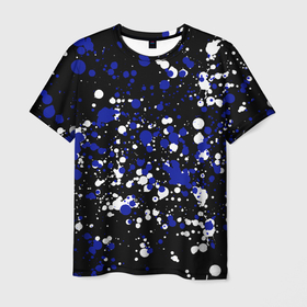 Мужская футболка 3D с принтом Сине белые капли краски в Белгороде, 100% полиэфир | прямой крой, круглый вырез горловины, длина до линии бедер | белая краска | брызги краски | брызги краски на поверхности | колористика | краски на черном фоне | набрызг | разбрызганные краски | сине белые краски | синяя краска