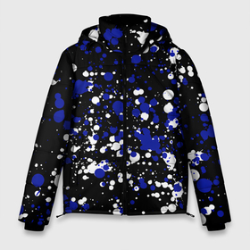Мужская зимняя куртка 3D с принтом Сине белые капли краски в Новосибирске, верх — 100% полиэстер; подкладка — 100% полиэстер; утеплитель — 100% полиэстер | длина ниже бедра, свободный силуэт Оверсайз. Есть воротник-стойка, отстегивающийся капюшон и ветрозащитная планка. 

Боковые карманы с листочкой на кнопках и внутренний карман на молнии. | Тематика изображения на принте: белая краска | брызги краски | брызги краски на поверхности | колористика | краски на черном фоне | набрызг | разбрызганные краски | сине белые краски | синяя краска