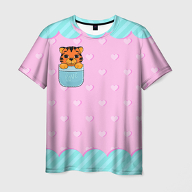 Мужская футболка 3D с принтом Маленький тигр в кармане в Курске, 100% полиэфир | прямой крой, круглый вырез горловины, длина до линии бедер | Тематика изображения на принте: 2022 | год тигра | новый год | новый год 2022 | символ года | тигр | тигренок | тигрица | тигры