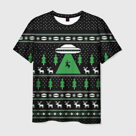 Мужская футболка 3D с принтом Новогоднее НЛО в Новосибирске, 100% полиэфир | прямой крой, круглый вырез горловины, длина до линии бедер | 2020 | 2021 | christmas | merry | инопланетяне | летающая тарелка | нг | нло | новогодний | новый год | рождество | свитер | узоры