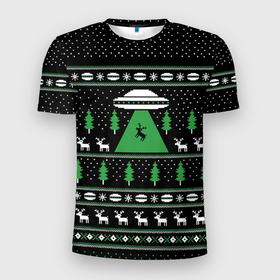 Мужская футболка 3D спортивная с принтом Новогоднее НЛО в Тюмени, 100% полиэстер с улучшенными характеристиками | приталенный силуэт, круглая горловина, широкие плечи, сужается к линии бедра | 2020 | 2021 | christmas | merry | инопланетяне | летающая тарелка | нг | нло | новогодний | новый год | рождество | свитер | узоры