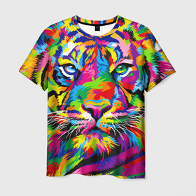 Мужская футболка 3D с принтом Тигр в стиле поп арт в Тюмени, 100% полиэфир | прямой крой, круглый вырез горловины, длина до линии бедер | 2022 | art | beast | mosaic | multicolored head | new year | pop art | predator | rainbow | tiger | year of the tiger | год тигра | зверь | искусство | мозаика | новый год | радужный | разноцветная голова | тигр | хищник