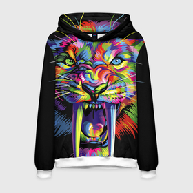 Мужская толстовка 3D с принтом Саблезубый тигр в стиле поп арт , 100% полиэстер | двухслойный капюшон со шнурком для регулировки, мягкие манжеты на рукавах и по низу толстовки, спереди карман-кенгуру с мягким внутренним слоем. | 2022 | art | beast | colorful head | mosaic | new year | pop art | predator | rainbow | sabertoothed tiger | year of the tiger | большие клыки | год тигра | зверь | искусство | мозаика | новый год | радужный | разноцветная голова | саблезубый тиг