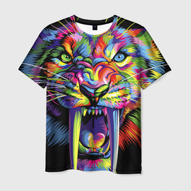 Мужская футболка 3D с принтом Саблезубый тигр в стиле поп арт в Новосибирске, 100% полиэфир | прямой крой, круглый вырез горловины, длина до линии бедер | 2022 | art | beast | colorful head | mosaic | new year | pop art | predator | rainbow | sabertoothed tiger | year of the tiger | большие клыки | год тигра | зверь | искусство | мозаика | новый год | радужный | разноцветная голова | саблезубый тиг