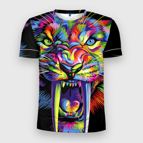 Мужская футболка 3D спортивная с принтом Саблезубый тигр в стиле поп арт в Новосибирске, 100% полиэстер с улучшенными характеристиками | приталенный силуэт, круглая горловина, широкие плечи, сужается к линии бедра | Тематика изображения на принте: 2022 | art | beast | colorful head | mosaic | new year | pop art | predator | rainbow | sabertoothed tiger | year of the tiger | большие клыки | год тигра | зверь | искусство | мозаика | новый год | радужный | разноцветная голова | саблезубый тиг