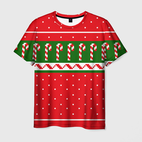 Мужская футболка 3D с принтом ЛЕДЕНЦЫ НОВОГОДНИЕ в Новосибирске, 100% полиэфир | прямой крой, круглый вырез горловины, длина до линии бедер | Тематика изображения на принте: 2020 | 2021 | christmas | merry | леденец | нг | новогодний | новый год | рождество | свитер | узоры