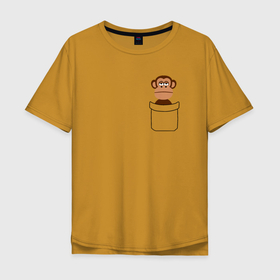 Мужская футболка хлопок Oversize с принтом мартышка в кармане в Белгороде, 100% хлопок | свободный крой, круглый ворот, “спинка” длиннее передней части | в кармане | мартышка | обезьянка | прикол в кармане | счастье в кармане
