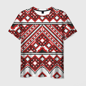 Мужская футболка 3D с принтом Русский узор, геометрическая вышивка в Новосибирске, 100% полиэфир | прямой крой, круглый вырез горловины, длина до линии бедер | вышиванка | вышивка | вышивка крестиком | геометрический узор | деревенский стиль | квадраты | красный узор | национальный узор | пиксельный фон | полосы | ромбики | русский орнамент