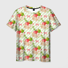 Мужская футболка 3D с принтом Яблочный пирог паттерн в Санкт-Петербурге, 100% полиэфир | прямой крой, круглый вырез горловины, длина до линии бедер | Тематика изображения на принте: выпечка | пирог | фрукты | яблоки | яблоко | яблочный пирог