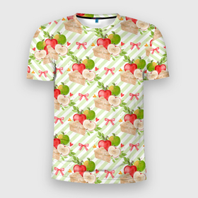Мужская футболка 3D Slim с принтом Яблочный пирог паттерн в Санкт-Петербурге, 100% полиэстер с улучшенными характеристиками | приталенный силуэт, круглая горловина, широкие плечи, сужается к линии бедра | Тематика изображения на принте: выпечка | пирог | фрукты | яблоки | яблоко | яблочный пирог