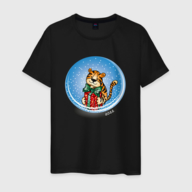 Мужская футболка хлопок с принтом Тигр в новогоднем шаре в Новосибирске, 100% хлопок | прямой крой, круглый вырез горловины, длина до линии бедер, слегка спущенное плечо. | 2022 | год тигра | новый год | новый год 2022 | символ года | тигр | тигренок | тигрица | тигры