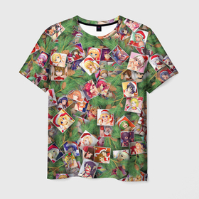 Мужская футболка 3D с принтом Ахегао С новым годом , 100% полиэфир | прямой крой, круглый вырез горловины, длина до линии бедер | ahegao | anime | manga | аниме | ахегао | ветки | ёлка | ель | коллаж | манга | новогодний | новый год | паттерн | шишки