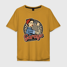 Мужская футболка хлопок Oversize с принтом Garage service girls power в Тюмени, 100% хлопок | свободный крой, круглый ворот, “спинка” длиннее передней части | Тематика изображения на принте: garage | girl | service | tattoo | wrench | гаечный ключ | гараж | девушка | сервис | тату