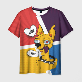 Мужская футболка 3D с принтом Comics Пес Dog Love Yes в Курске, 100% полиэфир | прямой крой, круглый вырез горловины, длина до линии бедер | Тематика изображения на принте: comics | dog | pop art | собака | чихуахуа | яркий