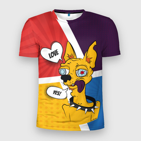 Мужская футболка 3D Slim с принтом Comics Пес Dog Love Yes в Курске, 100% полиэстер с улучшенными характеристиками | приталенный силуэт, круглая горловина, широкие плечи, сужается к линии бедра | comics | dog | pop art | собака | чихуахуа | яркий