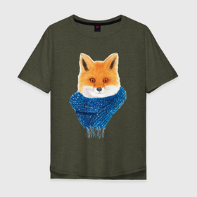 Мужская футболка хлопок Oversize с принтом Лиса акварель в Санкт-Петербурге, 100% хлопок | свободный крой, круглый ворот, “спинка” длиннее передней части | акварель | зверь | красивый | лесной | лис | лиса | рыжий | синий | стильный | хищник | шарф
