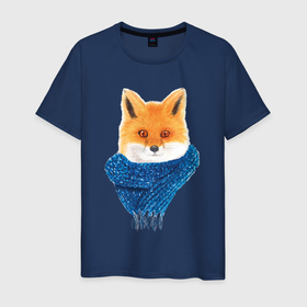 Мужская футболка хлопок с принтом Лиса акварель в Тюмени, 100% хлопок | прямой крой, круглый вырез горловины, длина до линии бедер, слегка спущенное плечо. | акварель | зверь | красивый | лесной | лис | лиса | рыжий | синий | стильный | хищник | шарф