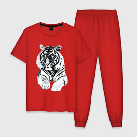 Мужская пижама хлопок с принтом Тигр белый в Кировске, 100% хлопок | брюки и футболка прямого кроя, без карманов, на брюках мягкая резинка на поясе и по низу штанин
 | акварель | белый | красивый | полосатый | снежный | тигр | цвет | черно белый