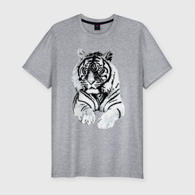 Мужская футболка хлопок Slim с принтом Тигр белый в Кировске, 92% хлопок, 8% лайкра | приталенный силуэт, круглый вырез ворота, длина до линии бедра, короткий рукав | акварель | белый | красивый | полосатый | снежный | тигр | цвет | черно белый
