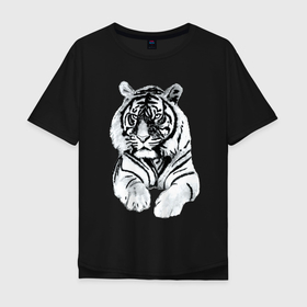 Мужская футболка хлопок Oversize с принтом Тигр белый в Кировске, 100% хлопок | свободный крой, круглый ворот, “спинка” длиннее передней части | акварель | белый | красивый | полосатый | снежный | тигр | цвет | черно белый