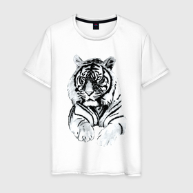 Мужская футболка хлопок с принтом Тигр белый в Тюмени, 100% хлопок | прямой крой, круглый вырез горловины, длина до линии бедер, слегка спущенное плечо. | акварель | белый | красивый | полосатый | снежный | тигр | цвет | черно белый
