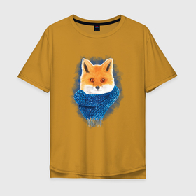 Мужская футболка хлопок Oversize с принтом Лиса с шарфом акварель в Белгороде, 100% хлопок | свободный крой, круглый ворот, “спинка” длиннее передней части | зверь | лес | лесной | лиса | лисица | лисичка | оранжевый | рыжая | хищник