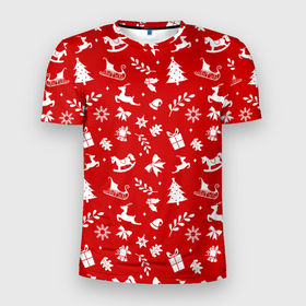 Мужская футболка 3D спортивная с принтом НОВОГОДНИЙ УЗОР КРАСНО БЕЛЫЙ в Петрозаводске, 100% полиэстер с улучшенными характеристиками | приталенный силуэт, круглая горловина, широкие плечи, сужается к линии бедра | 2022 | beast | merry christmas | new year | red bow | santa hat | snow | tiger | winter | winter is coming | year of the tiger | год тигра | дед мороз | животные | звери | зверь | зима | зима 2022 | зима близко | новогодний свитер | новогодний у