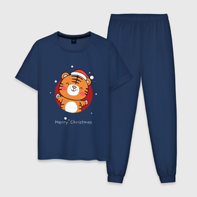 Мужская пижама хлопок с принтом НОВОГОДНИЙ ТИГРЁНОК   NEW YEAR 2022 , 100% хлопок | брюки и футболка прямого кроя, без карманов, на брюках мягкая резинка на поясе и по низу штанин
 | 2022 | beast | merry christmas | new year | red bow | santa hat | snow | tiger | winter | winter is coming | year of the tiger | год тигра | дед мороз | животные | звери | зверь | зима | зима 2022 | зима близко | новогодний свитер | новогодний у