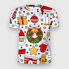 Мужская футболка 3D спортивная с принтом НОВОГОДНИЙ УЗОР, НОВОГОДНЕЕ НАСТРОЕНИЕ в Екатеринбурге, 100% полиэстер с улучшенными характеристиками | приталенный силуэт, круглая горловина, широкие плечи, сужается к линии бедра | Тематика изображения на принте: 2022 | beast | merry christmas | new year | red bow | santa hat | snow | tiger | winter | winter is coming | year of the tiger | год тигра | дед мороз | животные | звери | зверь | зима | зима 2022 | зима близко | новогодний свитер | новогодний у