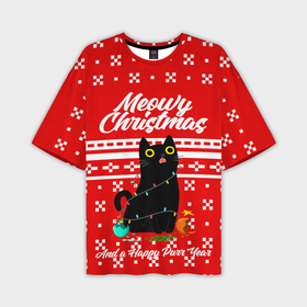 Мужская футболка OVERSIZE 3D с принтом MEOW | CHRISTMAS в Тюмени,  |  | Тематика изображения на принте: 2020 | 2021 | 2022 | christmas | meow | meowy christmas | merry | кот | леденец | мяу | нг | новогодний | новый год | олени | рождество | свитер | узоры