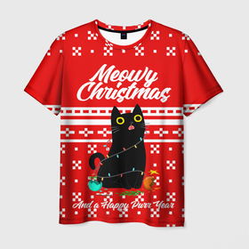 Мужская футболка 3D с принтом MEOW | CHRISTMAS , 100% полиэфир | прямой крой, круглый вырез горловины, длина до линии бедер | 2020 | 2021 | 2022 | christmas | meow | meowy christmas | merry | кот | леденец | мяу | нг | новогодний | новый год | олени | рождество | свитер | узоры